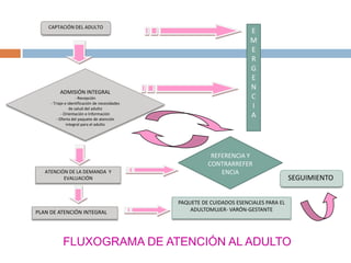 CAPTACIÓN DEL ADULTOEMERGENCIAADMISIÓN INTEGRAL- Recepción- Triaje e identificación de necesidades de salud del adulto- Orientación e Información- Oferta del paquete de atención integral para el adultoREFERENCIA Y CONTRARREFERENCIAATENCIÓN DE LA DEMANDA  Y  EVALUACIÓN  SEGUIMIENTOFLUXOGRAMA DE ATENCIÓN AL ADULTOPAQUETE DE CUIDADOS ESENCIALES PARA EL ADULTOMUJER- VARÓN-GESTANTEPLAN DE ATENCIÓN INTEGRAL