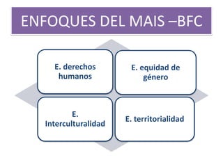 ENFOQUES DEL MAIS –BFC

    E. derechos        E. equidad de
     humanos               género



          E.
                      E. territorialidad
  Interculturalidad
 