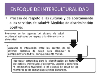 ENFOQUE DE INTERCULTURALIDAD
• Proceso de respeto a las culturas y de acercamiento
  a los servicios de salud Medidas de discriminación
  positiva:
Promover en los agentes del sistema de salud
occidental actitudes de respeto a la diferencia y la
diversidad.


  Asegurar la interacción entre los agentes de los
  diversos sistemas de salud para promover la
  complementariedad y el enriquecimiento mutuo.

      Incorporar estrategias para la identificación de factores
      protectores, individuales y colectivos, sociales y culturales
       condiciones favorables a los estados de salud de los
      miembros de las comunidades étnico-culturales.
 