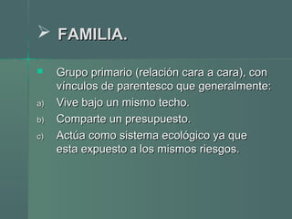  FAMILIA.FAMILIA.
 Grupo primario (relación cara a cara), conGrupo primario (relación cara a cara), con
vínculos de parentesco que generalmente:vínculos de parentesco que generalmente:
a)a) Vive bajo un mismo techo.Vive bajo un mismo techo.
b)b) Comparte un presupuesto.Comparte un presupuesto.
c)c) Actúa como sistema ecológico ya queActúa como sistema ecológico ya que
esta expuesto a los mismos riesgos.esta expuesto a los mismos riesgos.
 