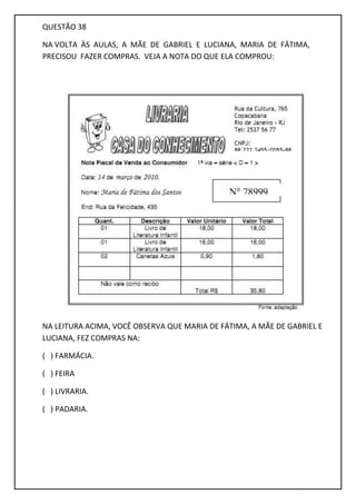 QUESTÃO 38
NA VOLTA ÀS AULAS, A MÃE DE GABRIEL E LUCIANA, MARIA DE FÁTIMA,
PRECISOU FAZER COMPRAS. VEJA A NOTA DO QUE ELA COMPROU:
NA LEITURA ACIMA, VOCÊ OBSERVA QUE MARIA DE FÁTIMA, A MÃE DE GABRIEL E
LUCIANA, FEZ COMPRAS NA:
( ) FARMÁCIA.
( ) FEIRA
( ) LIVRARIA.
( ) PADARIA.
 