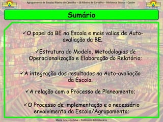 Agrupamento de Escolas Ribeiro de Carvalho – EB Ribeiro de Carvalho – Biblioteca Escolar - CacémSumárioO papel da BE na Escola e mais valias de Auto-avaliação da BE;