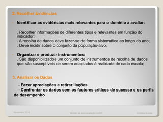 2. Recolher Evidências Identificar as evidências mais relevantes para o domínio a avaliar:  . Recolher informações de diferentes tipos e relevantes em função do indicador;  . A recolha de dados deve fazer-se de forma sistemática ao longo do ano;  . Deve incidir sobre o conjunto da população-alvo. Organizar e produzir instrumentos: . São disponibilizados um conjunto de instrumentos de recolha de dados que são susceptíveis de serem adaptados à realidade de cada escola;  3. Analisar os Dados -  Fazer apreciações e retirar ilações - Confrontar os dados com os factores críticos de sucesso e os perfis de desempenho Novembro 2010 Modelo de auto-avaliação da BE  Cristiana Lopes 