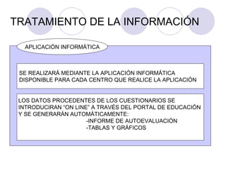 TRATAMIENTO DE LA INFORMACIÓN SE REALIZARÁ MEDIANTE LA APLICACIÓN INFORMÁTICA DISPONIBLE PARA CADA CENTRO QUE REALICE LA APLICACIÓN LOS DATOS PROCEDENTES DE LOS CUESTIONARIOS SE  INTRODUCIRAN “ON LINE” A TRAVÉS DEL PORTAL DE EDUCACIÓN  Y SE GENERARÁN AUTOMÁTICAMENTE: -INFORME DE AUTOEVALUACIÓN -TABLAS Y GRÁFICOS APLICACIÓN INFORMÁTICA 