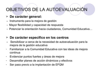 OBJETIVOS DE LA AUTOEVALUACIÓN De carácter general: -   Instrumento para la mejora de gestión -  Mayor flexibilidad y capacidad de respuesta -  Potenciar la orientación hacia ciudadanos, Comunidad Educativa… De carácter específico en los centros -   Sensibilizar a cerca de la necesidad de autoevaluación para la mejora de la gestión educativa Familiarizar a la Comunidad Educativa con las ideas de mejora continua Evidenciar puntos fuertes y áreas de mejora Desarrollar planes de acción dinámicos y efectivos Ser paso previo a la implantación de EFQM 