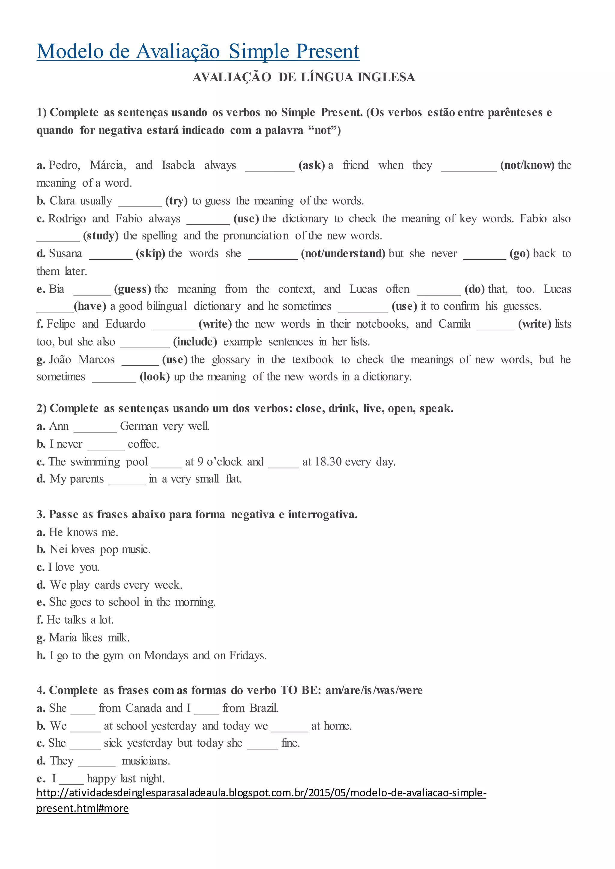 Modelo de avaliação - simple present | DOCX