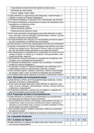 • Capacidades de desenvolvimento global de cada criança
   • Interesses de cada criança
   • Cultura, religião, língua, idade
b) Estão definidos os responsáveis pela elaboração, implementação, a-
  valiação e revisão do Projecto Pedagógico?
c) O Projecto Pedagógico é elaborado com a participação das famílias?
d) O Projecto Pedagógico é desdobrado em planos de actividades socio-
  pedagógicas nas seguintes áreas:
   • Desenvolvimento motor
   • Desenvolvimento cognitivo
     • Desenvolvimento pessoal e social
e) Para cada actividade sociopedagógica-tipo estão definidos os objec-
   tivos, descrição, local de realização, calendarização, horários, recursos
   (internos e externos) e responsáveis?
f) As especificidades das crianças com necessidades educativas especi-
   ais são consideradas na definição das actividades?
g) Está prevista e é promovida a participação da família nas actividades?
h) Quando há alteração ao Projecto Pedagógico está definida uma meto-
   dologia que assegure que a família e/ou criança e todos os intervenien-
   tes, são informados dessas alterações e que estas são aceites?
i) São asseguradas as condições para a participação da criança nas acti-
   vidades a realizar no exterior (p.e. transporte, acompanhamento, auto-
   rização da família, seguros)?
j) Está definida a forma de actuação em situações de emergência, rela-
   cionadas com a realização das actividades?
k) É realizada trimestralmente, e sempre que se justifique, a avaliação e
   revisão do Projecto Pedagógico?
l) A avaliação e revisão do Projecto Pedagógico são realizadas com a
   colaboração de todos os intervenientes, incluindo a criança?
m) São mantidos registos, datados e assinados, relativos à participação
   da criança e, dado o caso, da família na realização das actividades?
n) Os registos fazem parte integrante do processo individual da criança?
4.5.3. Actividades de Formação/Informação                                      S   N   P   NA
a) Está definido um Plano de Formação/Informação destinado, nomea-
  damente, às famílias e colaboradores?
b) Para cada actividade deste plano estão definidos os objectivos, des-
  crição, local de realização, calendarização, horários, recursos (internos
  e externos) e responsáveis?
c) É realizada anualmente, e sempre que se justifique, a avaliação do
  plano de actividades de formação/informação?
4.5.4. Preparação da Saída e Acompanhamento                                    S   N   P   NA
a) Estão definidos os conteúdos e os responsáveis por procedimentos
  de preparação da saída da criança da Creche?
b) Os procedimentos contêm a informação a disponibilizar à família, no-
  meadamente: cópia do processo individual da criança, instituições e-
  xistentes na comunidade onde a criança se poderá candidatar e forma
  de articulação com essas instituições?
c) São mantidos registos, datados e assinados, relativos à preparação
  da saída da criança?
d) Os registos fazem parte integrante do processo individual da criança?

4.6. CUIDADOS PESSOAIS
4.6.1. Cuidados de Higiene                                                     S   N   P   NA
a) Estão definidos os cuidados de higiene para cada criança de acordo
  com as suas necessidades?
 