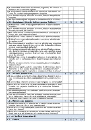 b) É promovida e desenvolvida a autonomia progressiva das crianças na
  realização dos cuidados de higiene?
c) É assegurado o carácter individual dos utensílios e instrumentos utili-
  zados nos cuidados de higiene pessoal e imagem?
d) São mantidos registos, datados e assinados, relativos à higiene das
  crianças?
e) Os registos fazem parte integrante do processo individual da criança?
4.6.2. Cuidados em Situação de Doença ou de Acidente                         S   N   P   NA
a) Está definida a forma de actuação em situações de doença/acidente
   da criança?
b) São mantidos registos, datados e assinados, relativos às ocorrências
   de doença/acidente das crianças?
c) Nos casos em que a família disponibiliza informação clínica sobre a
   criança, esta é de acesso reservado?
d) Está definida a forma e âmbito da administração de medicamentos?
e) Está definido o responsável pela gestão e controlo da administração
   de medicamentos?
f) Quando necessário, é seguido um plano de administração terapêutica,
   para cada criança, de acordo com a prescrição, declaração médica ou
   termo de responsabilidade da família?
g) Os medicamentos destinados às crianças são identificados, manuse-
   ados duma forma segura, armazenados numa área específica, segura
   e salvaguardadas as condições de preservação e mantidos fora do al-
   cance das crianças?
h) Está definida a forma de actuação em situações de emergência, rela-
   cionadas com os efeitos secundários da administração de medicamen-
   tos?
i) A família tem conhecimento, verbal e/ou escrito, da administração de
   medicamentos?
j) São mantidos registos, datados e assinados, da administração de me-
   dicamentos e, dado o caso, da ocorrência de situações anómalas?
k) Os registos fazem parte integrante do processo individual da criança?
4.6.3. Apoio na Alimentação                                                  S   N   P   NA
a) É assegurado o apoio na alimentação das crianças de acordo com as
  suas necessidades (p.e. idade, capacidades motoras, desenvolvimen-
  to)?
b) É promovida a autonomia progressiva da criança na sua alimentação?
c) Está definida a forma de actuação em situações de emer-gência, rela-
   cionadas com a ingestão de alimentos (p.e. intoxicações, mal-estar,
   engasgamento)?
d) O pessoal responsável pelo apoio está qualificado para o desempe-
   nho das suas funções?
e) São mantidos registos, datados e assinados, relativos ao apoio pres-
   tado e dado o caso, da ocorrência de situações de emergência?
f) Os registos fazem parte do processo individual da criança?
4.6.4. Momentos de Descanso                                                  S   N   P   NA
a) Estão definidas as regras relativas aos momentos de descanso das
  crianças, de acordo com as suas necessidades?
b) Está definido o responsável pela organização dos momentos de des-
  canso das crianças?
c) Está definido um espaço que assegure a privacidade e conforto (p.e.
  despir, descalçar, etc.) das crianças nos momentos de descanso?
4.7. NUTRIÇÃO E ALIMENTAÇÃO
4.7.1. Ementa                                                                S   N   P   NA
 