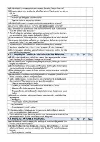 a) Está definido o responsável pelo serviço de refeições na Creche?
b) O responsável pelo serviço de refeições tem conhecimento, em tempo
  útil, de:
   • Ementa
   • Número de refeições a confeccionar
   • Tipo de dietas e respectivo número
c) Está definido quem o responsável pela preparação da ementa?
d) A ementa é elaborada, no mínimo, com periodicidade semanal?
e) As ementas são elaboradas com aconselhamento dum nutricionista
   ou outro profissional de saúde?
f) As refeições são variadas e adequadas ao desenvolvimento da crian-
   ça, sua idade e, dado o caso, indicação médica?
g) São elaboradas dietas especiais, prescritas pelo médico e/ou dietista?
h) A ementa é divulgada ou fixada em local visível de forma a poder ser
   consultada pelas crianças e suas famílias?
i) As famílias são informadas das eventuais alterações à ementa?
j) As dietas são afixadas junto do local de confecção das refeições?
k) Os horários das refeições são definidos considerando o ritmo de vida
  e os hábitos das crianças?
4.7.2. Preparação, Confecção e Distribuição das Refeições                    S   N   P   NA
a) Estão estabelecidos os métodos e regras para a preparação, confec-
   ção, distribuição de refeições, lavagem e limpeza?
b) Estão definidos os responsáveis pela preparação, confecção e distri-
   buição das refeições?
c) Em todas fases de preparação, confecção e distribuição de refeições
   são cumpridos os requisitos legais aplicáveis?
d) São estabelecidas regras de boas práticas na preparação e confecção
   dos alimentos?
e) Está definido o responsável pelas provas das refeições (verificar esta-
   do de cozedura, sabor e temperatura)?
f) Estão estabelecidas regras relativas ao empratamento e distribuição
   das refeições? Nomeadamente, no que diz respeito a:
     • Higiene na preparação do prato
     • Disposição cuidada e harmoniosa dos alimentos no prato
     • Manutenção da temperatura do prato
     • Transporte dos alimentos entre estabelecimentos fisicamente sepa-
       rados
g) Quando as refeições são adquiridas no exterior estão estabelecidas
   regras para:
     • Recepção
     • Preservação e armazenamento
     • Aquecimento
     • Empratamento e distribuição
 h) É assegurada a hidratação ou fornecimento de líquidos de acordo
   com as necessidades das crianças?
 i) Está definida a forma de actuação em caso de ocorrência de situações
   que inviabilizem o normal fornecimento de refeições?
4.8. MEDIÇÃO, ANÁLISE E MELHORIA                                             S   N   P   NA
a) Está definida a metodologia para a medição e monitorização dos pro-
  cessos-chave identificados?
c) Está definida uma metodologia de avaliação da satisfação dos clientes
  relativamente aos serviços prestados pela Creche? A metodologia con-
  templa:
    • Tipificação dos clientes
 