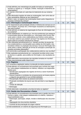 b) Está definida uma metodologia de gestão de todas as reclamações
  escritas ou verbais (p. e. recepção, análise, resolução e tratamento de
  reclamações)?
c) O cliente é informado em cada fase do tratamento da sua reclama-
  ção?
d) São efectuados registos de todas as reclamações, bem como das ac-
  ções necessárias relativas ao seu tratamento?
e) Dado o caso, os registos das reclamações fazem parte integrante do
  processo individual da criança?
3.3.3. Informação e Comunicação Interna                                      S   N   P   NA
a) Os responsáveis pela prestação directa e indirecta dos serviços ao cli-
   ente recebem, em tempo útil, a informação necessária ao desempenho
   das suas funções?
b) Está definido um sistema de organização do fluxo de informação inter-
   na e externa?
c) Está estabelecido um sistema (p.e. livro de ocorrências) que assegure
   a transmissão diária de informação (p.e. informação entre turnos) rele-
   vante sobre o cliente, entre colaboradores da Creche e entre estes e
   os serviços externos que prestam serviços? Os registos de informação
   fazem parte do processo individual da criança?
d) São realizadas periodicamente (p.e. mensal) reuniões da equipa téc-
   nica (colaboradores e coordenação) para análise da informação e dos
   resultados obtidos na prestação dos serviços, troca de informação rele-
   vante sobre o cliente, definição de formas de actuação e prevenção de
   situaões anómalas detectadas?
e) É promovida a participação dos colaboradores externos nas reuniões?
f) São realizadas periodicamente (p.e. semestral) reuniões entre a equi-
   pa técnica e a gestão, para análise de informação e dos resultados ob-
   tidos?
g) São elaborados resumos/actas das decisões tomadas em reunião?
   Estes resumos/actas estão disponíveis?
3.3.4. Registos                                                              S   N   P   NA
a) É cumprida a legislação relativa à protecção de dados pessoais?
b) Está definido um procedimento documentado para controlo dos regis-
  tos, onde estejam estabelecidos os critérios, métodos e as responsabi-
  lidades para:
    • Identificação (agregação dos registos de forma a serem facilmente
      identificados)
    • Arquivo (suporte e condições de armazenamento em locais próprios
      e seguros que garantam a sua confidencialidade)
    • Recuperação (fácil acesso ao pessoal autorizado)
    • Protecção (condições de arquivo que não permitam a sua degrada-
      ção)
    • Tempo de retenção
    • Eliminação
c) Está elaborada e actualizada uma lista de todos os registos?
3.3.5. Gestão dos Documentos e Dados                                         S   N   P   NA
a) Está definido um procedimento documentado para a gestão dos docu-
  mentos e dados, onde estejam estabelecidos os critérios, métodos e
  responsabilidades para:
    • Elaboração, aprovação, edição, revisão e distribuição dos documen-
      tos
    • Segregação dos documentos obsoletos
    • Controlo da documentação de origem externa
b) Está estabelecido um sistema de segurança da informação (p.e.
 