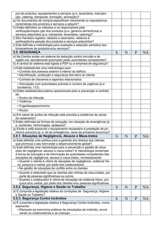 pra de produtos, equipamentos e serviços (p.e. lavandaria, manuten-
   ção, catering, transporte, formação, animação)?
g) Os documentos de compra especificam claramente os requisitos/ca-
   racterísticas dos produtos e serviços a adquirir?
h) Estão definidos os métodos e os responsáveis pela
   verificação/inspec-ção dos produtos (p.e. géneros alimentícios) e
   serviços adquiridos (p.e. transporte, lavandaria, catering)?
i) São mantidos registos, datados e assinados, relativos à
   verificação/ins-pecção dos produtos e serviços adquiridos?
j) Está definida a metodologia para avaliação e selecção periódica dos
   fornecedores de produtos e/ou serviços?
3.5. SEGURANÇA                                                                 S   N   P   NA
a) Na Creche existe um sistema de detecção contra intrusão e de
  vigilân-cia, devidamente autorizado pelas autoridades competentes?
b) A central do sistema está ligada à PSP ou a empresa de segurança?
c) Está estabelecida uma metodologia para:
    • Controlo dos acessos exterior e interior ao edifício
    • Identificação, protecção e segurança dos bens do cliente
    • Controlo de chaveiros e aspectos relacionados
   • Articulação com autoridades policiais e número de urgência (p.e.
   bombeiros, 112)
d) Estão estabelecidos planos operacionais para a prevenção e controlo
  de:
   • Surtos de infecção
   • Violência
    • Fuga/desaparecimento
    • Roubo
e) Em casos de surtos de infecção está prevista a existência de zonas
   de isolamento?
f) Estão definidas as formas de actuação, em situação de emergência (p.
   e. acidentes, hemorragias, epilepsia)?
g) Existe e está acessível o equipamento necessário à prestação de pri-
   meiros socorros (p. e. kit de emergência, caixa de primeiros socorros)?
3.5.1. Situações de Negligência, Abusos e Maus-tratos                          S   N   P   NA
a) Está definida uma política para a garantia dos direitos dos clientes
  que promova o seu bem-estar e desenvolvimento global?
b) Está definida uma metodologia para a prevenção e gestão de situa-
  ções de negligência, abusos e maus-tratos? A metodologia contempla
  a forma de actuação e de informação às autoridades competentes das
  situações de negligência, abusos e maus-tratos, nomeadamente:
    • Quando o cliente é vítima de situações de negligência, violência físi-
    ca, psíquica e verbal, por parte dos colaboradores
    • Na gestão de situações de conflito entre os clientes
    • Quando é detectado que os clientes são vítimas de maus-tratos, por
      parte de pessoas significativas ou outros
    • Quando o colaborador é vítima de situações de violência física, psí-
      quica e/ou verbal, por parte dos clientes e/ou pessoas significativas
3.5.2. Segurança, Higiene e Saúde no Trabalho                                  S   N   P   NA
a) É cumprida a legislação relativa às condições de Segurança, Higiene
  e Saúde no Trabalho?
3.5.3. Segurança Contra Incêndios                                              S   N   P   NA
a) É cumprida a legislação relativa à Segurança Contra Incêndios, nome-
  adamente:
   • Efectuam-se exercícios práticos de simulações de incêndio, envol-
     vendo os colaboradores e as crianças
 