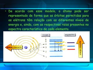 • De acordo com esse modelo, o átomo pode ser
representado de forma que as órbitas permitidas para
os elétrons têm relação com os diferentes níveis de
energia e, ainda, com as respectivas raias presentes no
espectro característico de cada elemento.
 