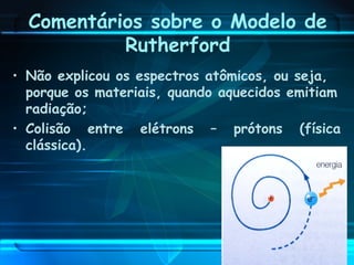 Comentários sobre o Modelo de
Rutherford
• Não explicou os espectros atômicos, ou seja,
porque os materiais, quando aquecidos emitiam
radiação;
• Colisão entre elétrons – prótons (física
clássica).
 