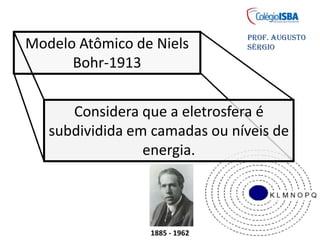 Modelo Atômico de Niels
Bohr-1913
Considera que a eletrosfera é
subdividida em camadas ou níveis de
energia.
1885 - 1962
Prof. Augusto
Sérgio
 