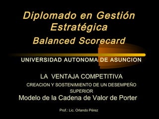 Prof.: Lic. Orlando Pérez
Modelo de la Cadena de Valor de Porter
LA VENTAJA COMPETITIVA
CREACION Y SOSTENIMIENTO DE UN DESEMPEÑO
SUPERIOR
Diplomado en Gestión
Estratégica
Balanced Scorecard
UNIVERSIDAD AUTONOMA DE ASUNCION
 