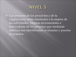 Los procesos de los proyectos y de la organización están orientados a la mejora de las actividades. Mejoras incrementales e innovadoras de los procesos que mediante métricas son identificadas, evaluadas y puestas en práctica. 