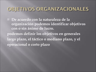 De acuerdo con la naturaleza de la organización podemos identificar objetivos con o sin ánimo de lucro. podemos definir los objetivos en generales  largo plazo, el táctico o mediano plazo, y el  operacional o corto plazo 