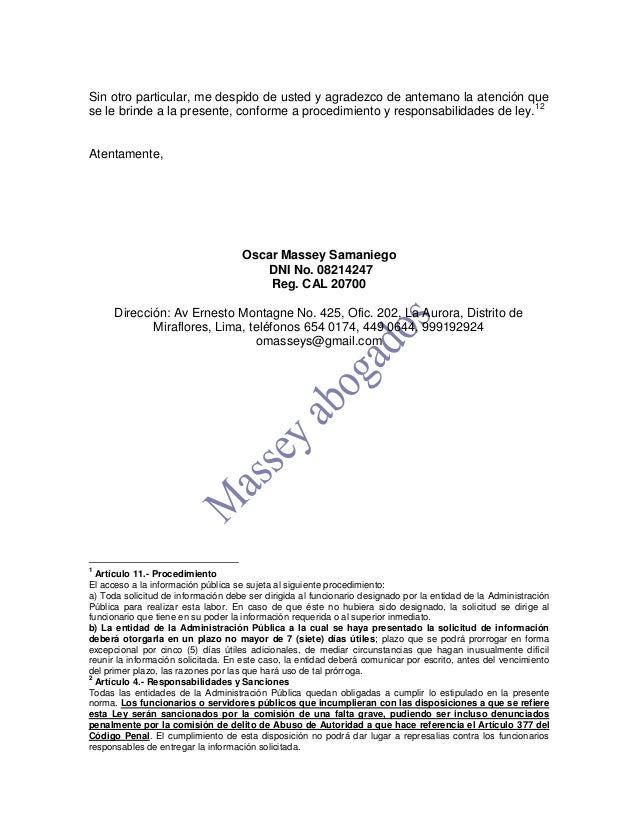 MODELO DE CARTA DE PEDIDO DE INFORMACIÓN AL AMPARO DE LA 