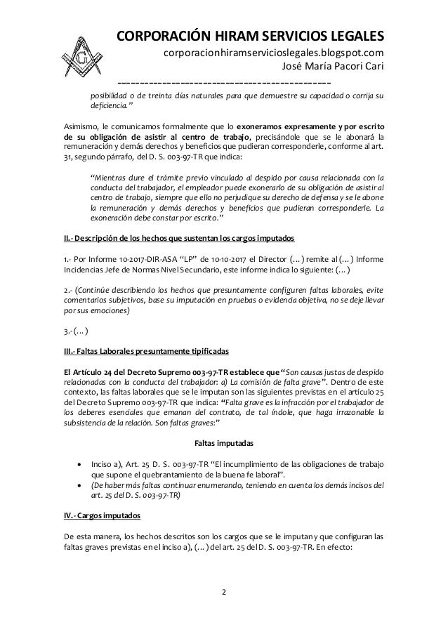 Modelo Carta Preaviso Despido Peru DESCARGO CONTRA CARTA 