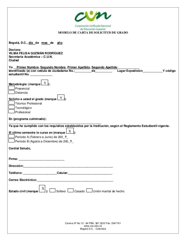Modelo de carta de solicitud de grado