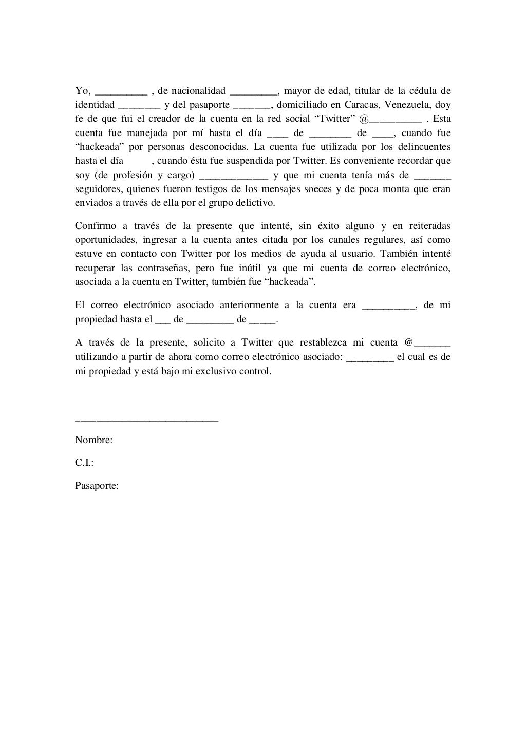 Modelo de carta notariada para twitter