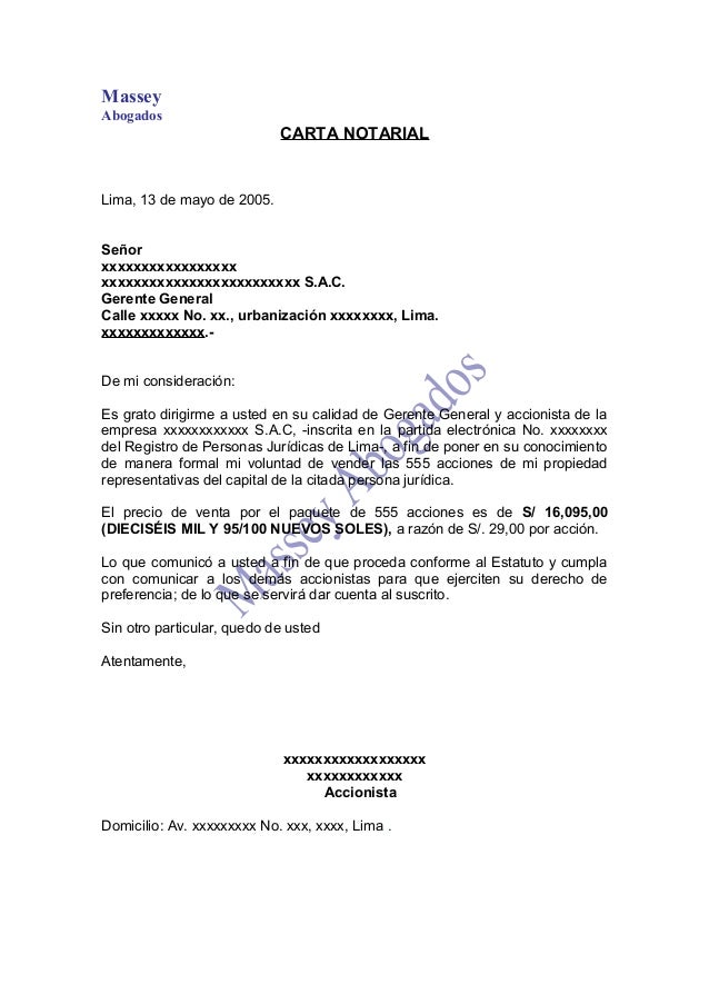 MODELO DE CARTA NOTARIAL DE VENTA DE ACCIONES