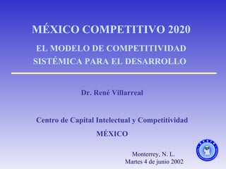 Monterrey, N. L. Martes 4 de junio 2002 MÉXICO COMPETITIVO 2020 EL MODELO DE COMPETITIVIDAD SISTÉMICA PARA EL DESARROLLO   Dr. René Villarreal  Centro de Capital Intelectual y Competitividad MÉXICO 