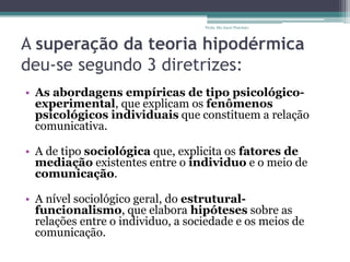 A superação da teoria hipodérmica
deu-se segundo 3 diretrizes:
• As abordagens empíricas de tipo psicológico-
experimental, que explicam os fenômenos
psicológicos individuais que constituem a relação
comunicativa.
• A de tipo sociológica que, explicita os fatores de
mediação existentes entre o individuo e o meio de
comunicação.
• A nível sociológico geral, do estrutural-
funcionalismo, que elabora hipóteses sobre as
relações entre o individuo, a sociedade e os meios de
comunicação.
Profa. Ma Aneri Pistolato
 