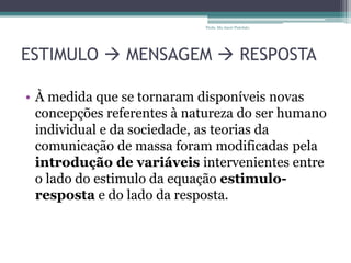 ESTIMULO  MENSAGEM  RESPOSTA
• À medida que se tornaram disponíveis novas
concepções referentes à natureza do ser humano
individual e da sociedade, as teorias da
comunicação de massa foram modificadas pela
introdução de variáveis intervenientes entre
o lado do estimulo da equação estimulo-
resposta e do lado da resposta.
Profa. Ma Aneri Pistolato
 