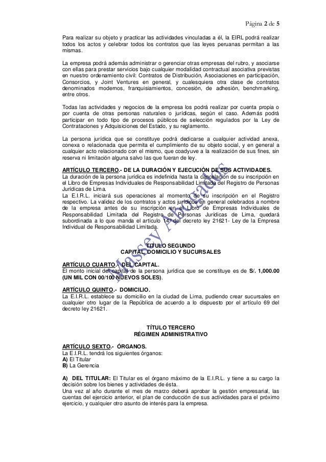 Modelo De Constitucion De Empresa E I R L Empresa Individual De