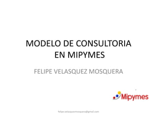 MODELO DE CONSULTORIA
     EN MIPYMES
 FELIPE VELASQUEZ MOSQUERA




       felipe.velasquezmosquera@gmail.com
 