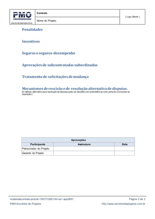 www.escritoriodeprojetos.com.br
Contrato
[ Logo Cliente ]
Nome do Projeto
modelodecontrato-pmbok-150721000136-lva1-app6891
PMO Escritório de Projetos
Página 2 de 2
http://www.escritoriodeprojetos.com.br
Penalidades
Incentivos
Seguros e seguros-desempenho
Aprovações de subcontratadas subordinadas
Tratamento de solicitações de mudança
Mecanismos de rescisão e de resolução alternativade disputas.
[O método alternativo para resolução de disputas pode ser decidido com antecedência como parte da concessão da
aquisição.]
Aprovações
Participante Assinatura Data
Patrocinador do Projeto
Gerente do Projeto
 