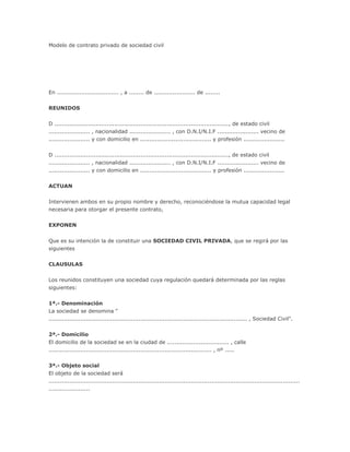 Modelo De Contrato Privado De Sociedad Civil DOCX Modelo De Contrato Privado De Sociedad Civil DOCX