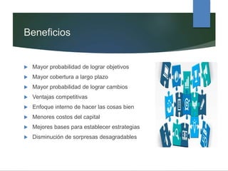 Beneficios
 Mayor probabilidad de lograr objetivos
 Mayor cobertura a largo plazo
 Mayor probabilidad de lograr cambios
 Ventajas competitivas
 Enfoque interno de hacer las cosas bien
 Menores costos del capital
 Mejores bases para establecer estrategias
 Disminución de sorpresas desagradables
 