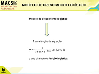 Modelo de crescimento logístico
a que chamamos função logística.
MODELO DE CRESCIMENTO LOGÍSTICO
𝑦 =
𝑐
1 + 𝑎 × 𝑒−𝑏×𝑥
, 𝑎, 𝑏, 𝑐 ∈ ℝ
É uma função de equação:
 