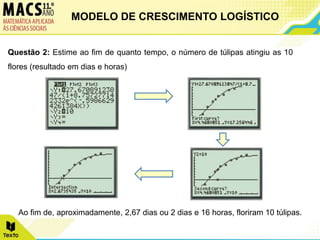 Questão 2: Estime ao fim de quanto tempo, o número de túlipas atingiu as 10
flores (resultado em dias e horas)
Ao fim de, aproximadamente, 2,67 dias ou 2 dias e 16 horas, floriram 10 túlipas.
MODELO DE CRESCIMENTO LOGÍSTICO
 