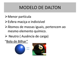 MODELO DE DALTON
Menor partícula
Esfera maciça e indivisível
Átomos de massas iguais, pertencem ao
mesmo elemento químico.
 Neutro ( Ausência de carga)
“Bola de Bilhar”
 