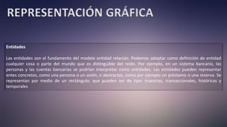 REPRESENTACIÓN GRÁFICA
Entidades
Las entidades son el fundamento del modelo entidad relación. Podemos adoptar como definición de entidad
cualquier cosa o parte del mundo que es distinguible del resto. Por ejemplo, en un sistema bancario, las
personas y las cuentas bancarias se podrían interpretar como entidades. Las entidades pueden representar
entes concretos, como una persona o un avión, o abstractas, como por ejemplo un préstamo o una reserva. Se
representan por medio de un rectángulo. que pueden ser de tipo: maestras, transaccionales, históricas y
temporales
 