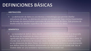 DEFINICIONES BÁSICAS
• La abstracción de datos es una técnica o metodología que permite diseñar
estructuras de datos. La abstracción consiste en representar bajo ciertos lineamientos
de formato las características esenciales de una estructura de datos. Este proceso de
diseño evita los detalles específicos de implementación de los datos.
ABSTRACCIÓN
• La necesidad de definir datos desde una visión conceptual ha llevado al desarrollo
de técnicas de modelado de datos semánticos. Es decir, técnicas para definir el
significado de los datos dentro del contexto de sus interrelaciones con otros datos. El
mundo real, en términos de recursos, ideas, eventos, etc., se define simbólicamente
en los almacenes de datos físicos. Un modelo de datos semánticos es una abstracción
que define cómo los símbolos almacenados se relacionan con el mundo real. Así, el
modelo debe ser una verdadera representación del mundo real.
SEMÁNTICA
 