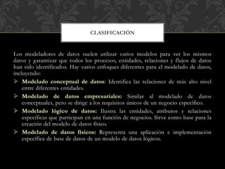 Los modeladores de datos suelen utilizar varios modelos para ver los mismos
datos y garantizar que todos los procesos, entidades, relaciones y flujos de datos
han sido identificados. Hay varios enfoques diferentes para el modelado de datos,
incluyendo:
Identifica las relaciones de más alto nivel
entre diferentes entidades.
Similar al modelado de datos
conceptuales, pero se dirige a los requisitos únicos de un negocio específico.
Ilustra las entidades, atributos y relaciones
específicas que participan en una función de negocios. Sirve como base para la
creación del modelo de datos físico.
Representa una aplicación e implementación
específica de base de datos de un modelo de datos lógicos.
CLASIFICACIÓN
 
