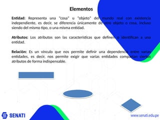 Elementos
Entidad: Representa una “cosa” u “objeto” del mundo real con existencia
independiente, es decir, se diferencia únicamente de otro objeto o cosa, incluso
siendo del mismo tipo, o una misma entidad.
Atributos: Los atributos son las características que definen o identifican a una
entidad.
Relación: Es un vínculo que nos permite definir una dependencia entre varias
entidades, es decir, nos permite exigir que varias entidades compartan ciertos
atributos de forma indispensable.
 