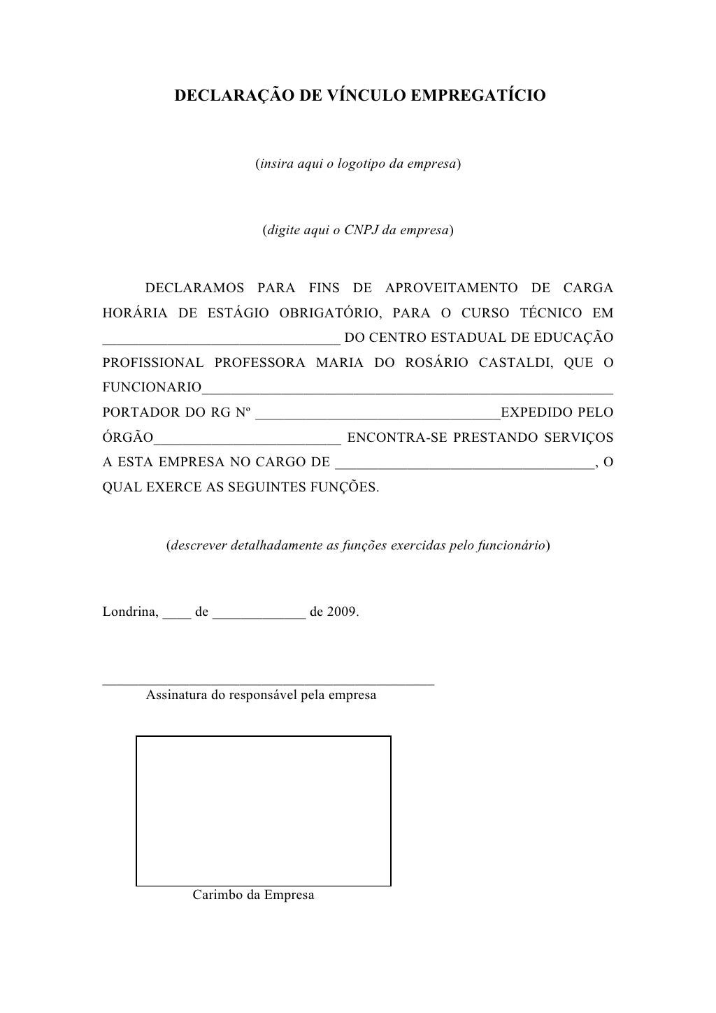 Modelo de declaração de vínculo empregatício