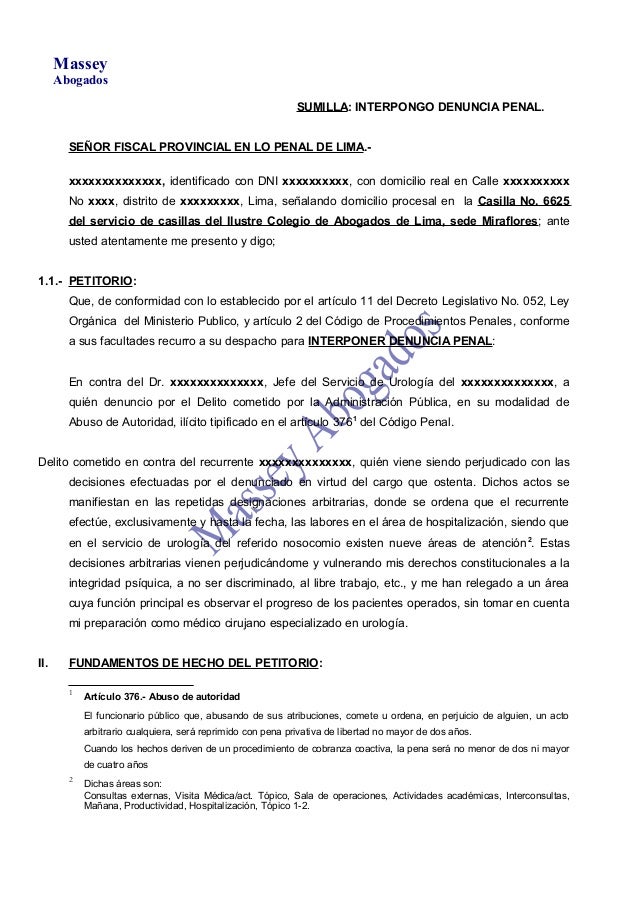 MODELO DE DENUNCIA PENAL POR ABUSO DE AUTORIDAD