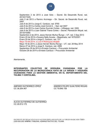 INCIDENTE DE DESACATO FALLO ACCION POPULAR HATO DE LA VIRGEN RADICADO 73001-
2300-000-2001-01676-0 TRIBUNAL ADMINISTRATIVO DEL TOLIMA
14
Septiembre 2 de 2013 a José Soto – Secret. De Desarrollo Rural, rad.
2013017229.
Julio 2 de 2013 a Ramiro Arciniega – Dir. Secret. de Desarrollo Rural, rad.
2497
Julio 8 de 2013 a Jorge E. Cardozo, rad. 9790
Julio 8 de 2013 a Carlos José Corral A. – Ibal, rad 3407
Julio 8 de 2013 a Juan Carlos Guzmán Cortes – Infibague, rad. 3383
Julio 8 de 2013 a Juan Gabriel Triana Cortes – Secret. Planeación Mcpal, rad.
2013010080
Septiembre 2 de 2013, Jesús Hernán Muñoz Ñungo – UT, rad. 3 Sep 2013
Enero 20 de 2014 a Susana Nelly Acosta – Magistrada, rad 1676/2001
Enero 20 de 2014 a Jorge E. Cardozo, rad. 721
Mayo 19 del 2014, a Luis H Rodríguez Alcalde
Mayo 19 de 2014, a Jesús Hernán Muñoz Ñungo – UT, rad. 28 May 2014
Marzo 27 de 2014 a Jorge E. Cardozo, rad. 4908
Septiembre 30 de 2014 a Ernesto Cardozo – Procurador Ambiental
Octubre 28 de 2014 a Ernesto Cardozo – Procurador Ambiental
Atentamente,
INTEGRANTES COLECTIVO DE VEEDURIA CIUDADANA POR LA
RECUPERACION DE LA MICROCUENCA HATO DE LA VIRGEN Y VEEDURÍA
CIUDADANA PARA LA GESTIÓN AMBIENTAL EN EL DEPARTAMENTO DEL
TOLIMA Y CORTOLIMA.
__________________________ _______________________________
AMPARO GUTIERREZ LÓPEZ ANDRES FELIPE GUALTERO ROJAS
CC 38.264.467 CC 79.846.158
______________________________
ALICIA GUTIERREZ DE GUTIERREZ
CC 28.812.175
 
