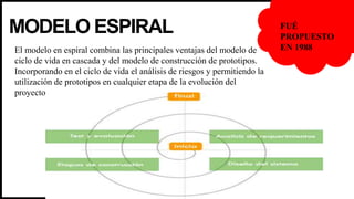 MODELO ESPIRAL
El modelo en espiral combina las principales ventajas del modelo de
ciclo de vida en cascada y del modelo de construcción de prototipos.
Incorporando en el ciclo de vida el análisis de riesgos y permitiendo la
utilización de prototipos en cualquier etapa de la evolución del
proyecto.
FUÉ
PROPUESTO
EN 1988
 
