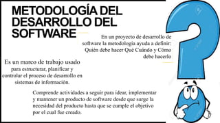 METODOLOGÍADEL
DESARROLLO DEL
SOFTWARE
Es un marco de trabajo usado
para estructurar, planificar y
controlar el proceso de desarrollo en
sistemas de información.
En un proyecto de desarrollo de
software la metodología ayuda a definir:
Quién debe hacer Qué Cuándo y Cómo
debe hacerlo
Comprende actividades a seguir para idear, implementar
y mantener un producto de software desde que surge la
necesidad del producto hasta que se cumple el objetivo
por el cual fue creado.
 