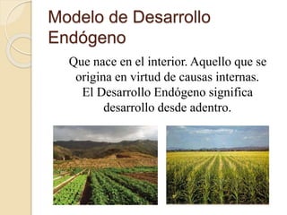 Modelo de Desarrollo
Endógeno
Que nace en el interior. Aquello que se
origina en virtud de causas internas.
El Desarrollo Endógeno significa
desarrollo desde adentro.
 