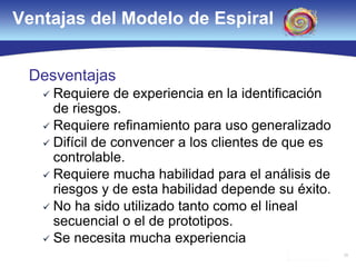 35
Ventajas del Modelo de Espiral
Desventajas
 Requiere de experiencia en la identificación
de riesgos.
 Requiere refinamiento para uso generalizado
 Difícil de convencer a los clientes de que es
controlable.
 Requiere mucha habilidad para el análisis de
riesgos y de esta habilidad depende su éxito.
 No ha sido utilizado tanto como el lineal
secuencial o el de prototipos.
 Se necesita mucha experiencia
 