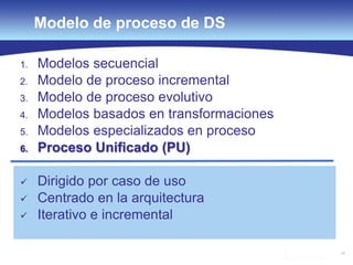 55
Modelo de proceso de DS
1. Modelos secuencial
2. Modelo de proceso incremental
3. Modelo de proceso evolutivo
4. Modelos basados en transformaciones
5. Modelos especializados en proceso
6. Proceso Unificado (PU)
 Dirigido por caso de uso
 Centrado en la arquitectura
 Iterativo e incremental
 