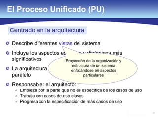 59
Describe diferentes vistas del sistema
Incluye los aspectos estáticos y dinámicos más
significativos
La arquitectura y los casos de uso evolucionan en
paralelo
Responsable: el arquitecto:
 Empieza por la parte que no es específica de los casos de uso
 Trabaja con casos de uso claves
 Progresa con la especificación de más casos de uso
Centrado en la arquitectura
El Proceso Unificado (PU)
Proyección de la organización y
estructura de un sistema
enfocándose en aspectos
particulares
 